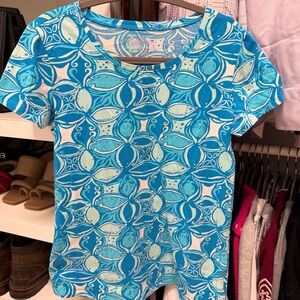 Lilly Pulitzer Beight Vivid Blue Patterned Women's Top Shirt Fish S Cotton Crew